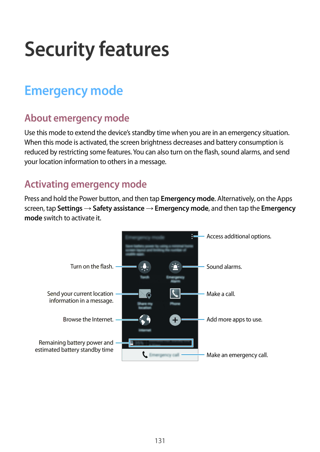 Samsung SM-G850F user manual Security features, Emergency mode, About emergency mode, Activating emergency mode 