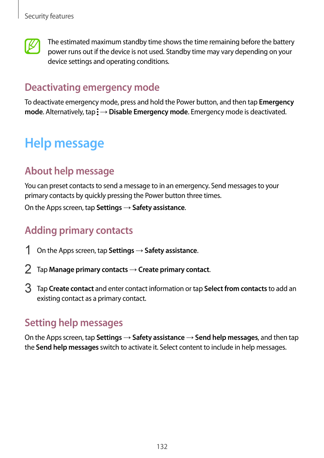 Samsung SM-G850F user manual Help message, Deactivating emergency mode, About help message, Adding primary contacts 