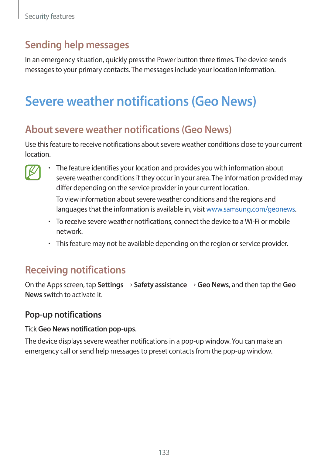 Samsung SM-G850F Severe weather notifications Geo News, Sending help messages, About severe weather notifications Geo News 