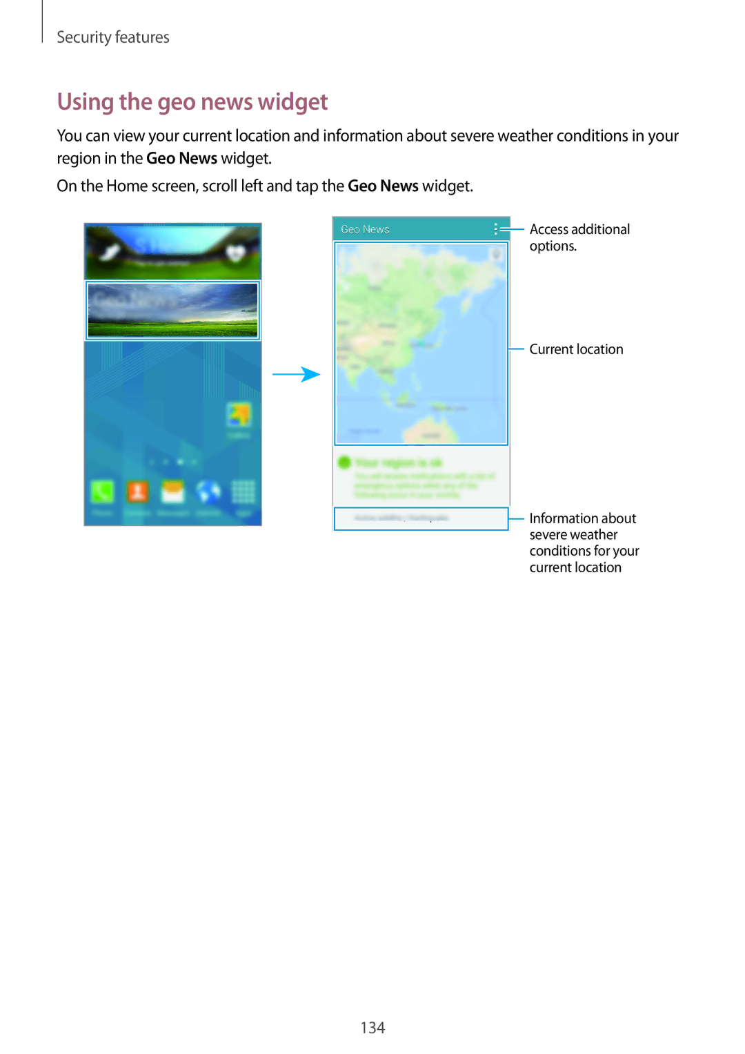 Samsung SM-G850F user manual Using the geo news widget 