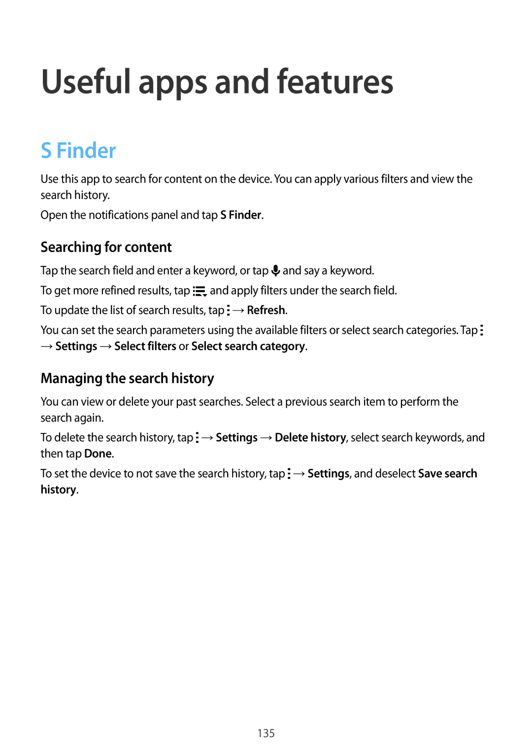 Samsung SM-G850F user manual Useful apps and features, Finder, Searching for content, Managing the search history 