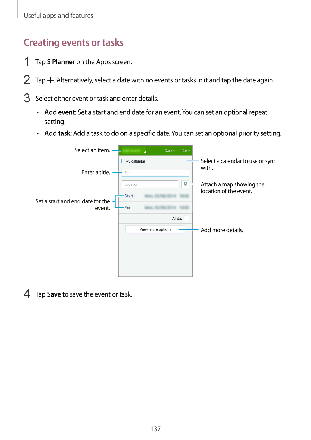 Samsung SM-G850F user manual Creating events or tasks, Tap Save to save the event or task 