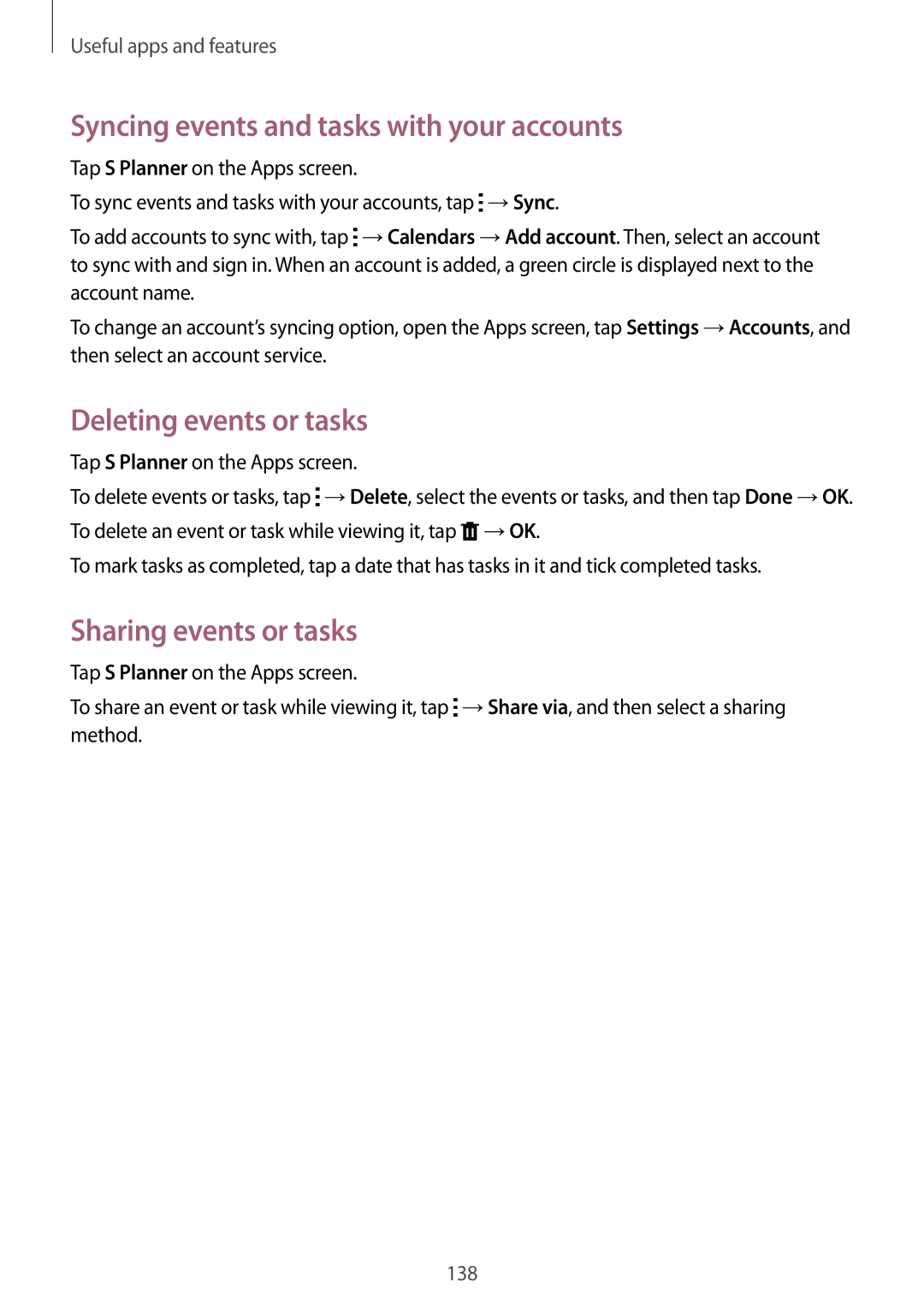 Samsung SM-G850F user manual Syncing events and tasks with your accounts, Deleting events or tasks, Sharing events or tasks 