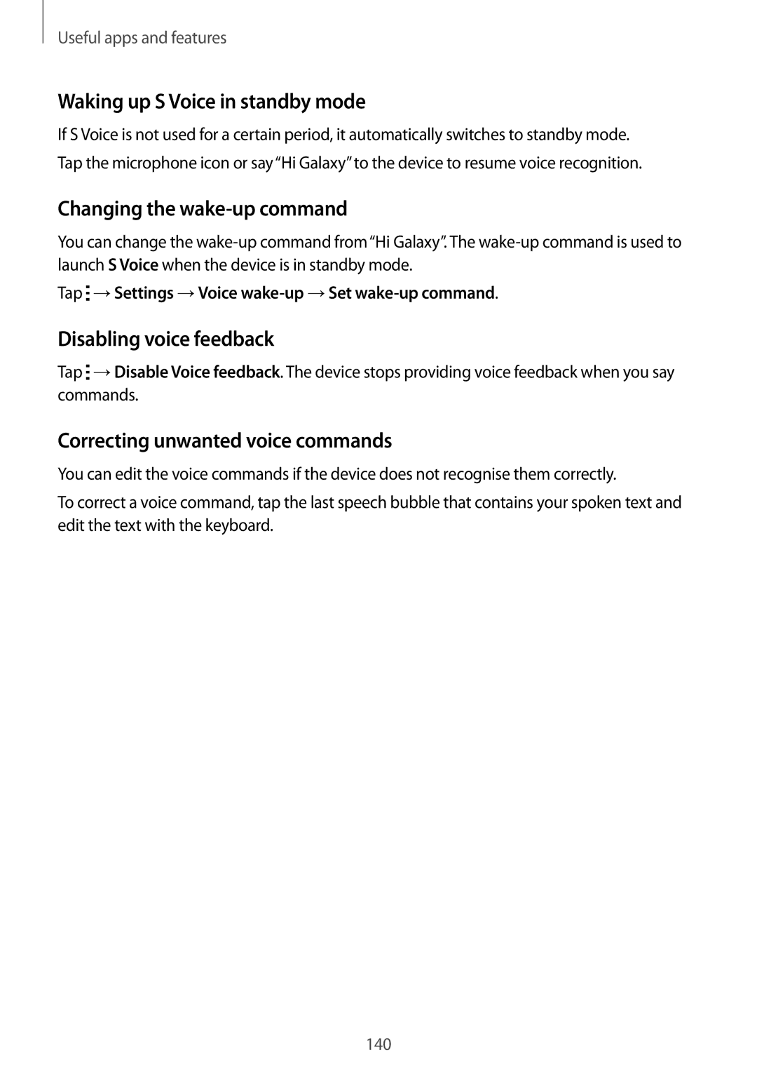 Samsung SM-G850F user manual Waking up S Voice in standby mode, Changing the wake-up command, Disabling voice feedback 