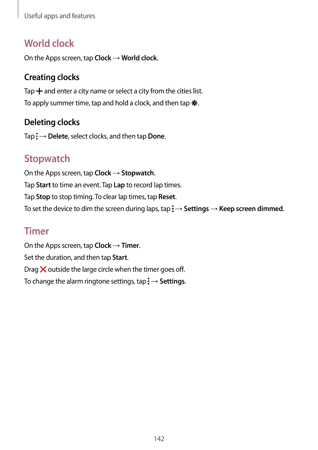 Samsung SM-G850F user manual World clock, Stopwatch, Timer, Creating clocks, Deleting clocks 