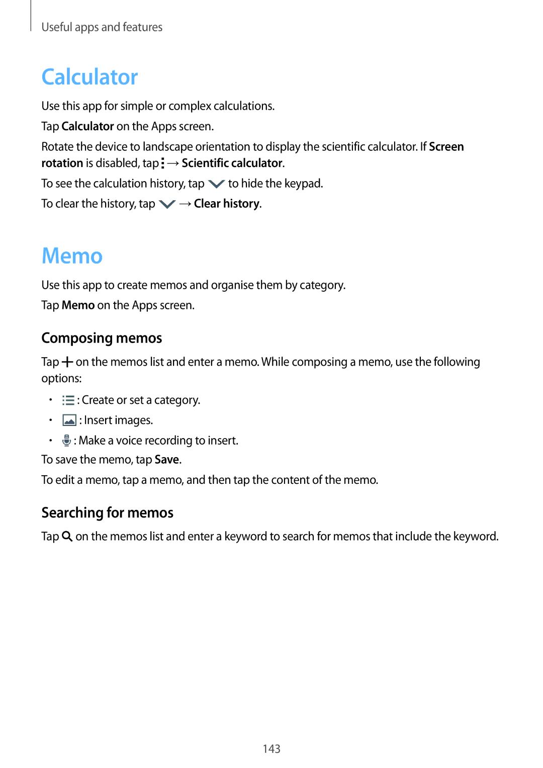 Samsung SM-G850F user manual Calculator, Memo, Composing memos, Searching for memos 