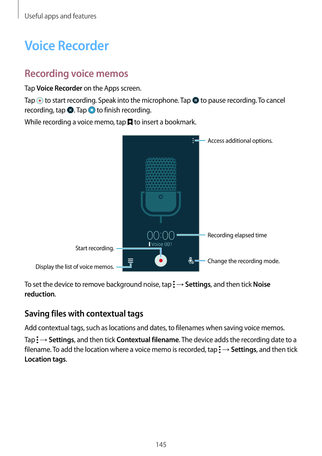 Samsung SM-G850F user manual Voice Recorder, Recording voice memos, Saving files with contextual tags 