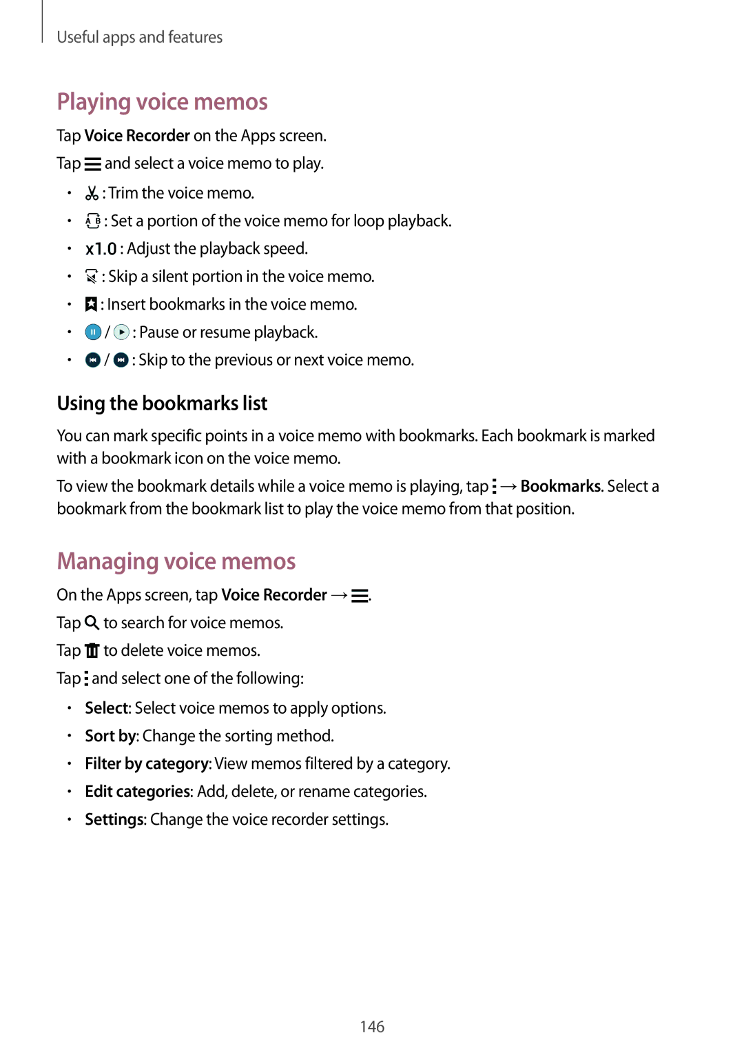 Samsung SM-G850F user manual Playing voice memos, Managing voice memos, Using the bookmarks list 