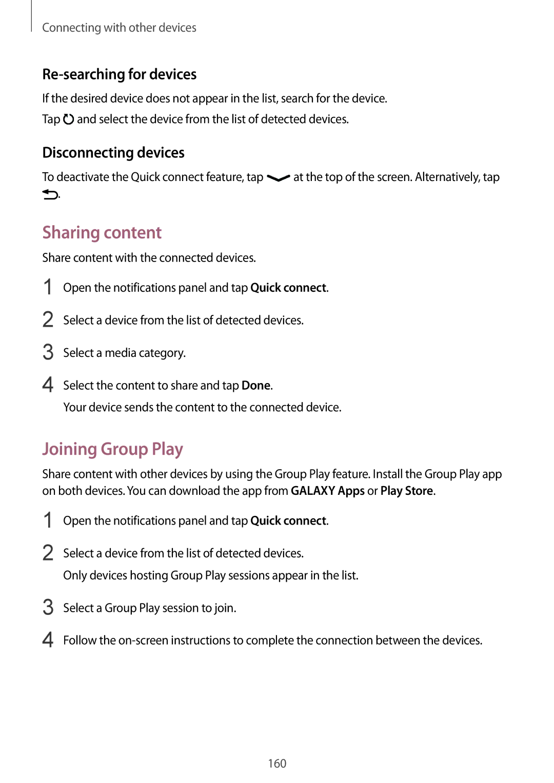 Samsung SM-G850F user manual Sharing content, Joining Group Play, Re-searching for devices, Disconnecting devices 