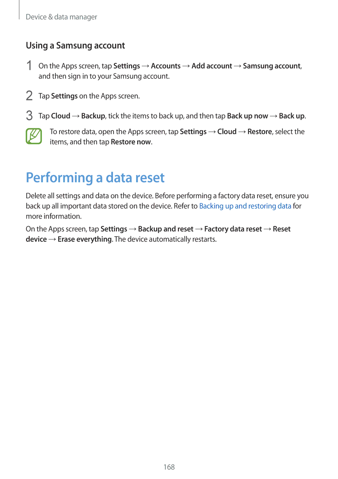 Samsung SM-G850F user manual Performing a data reset, Using a Samsung account 