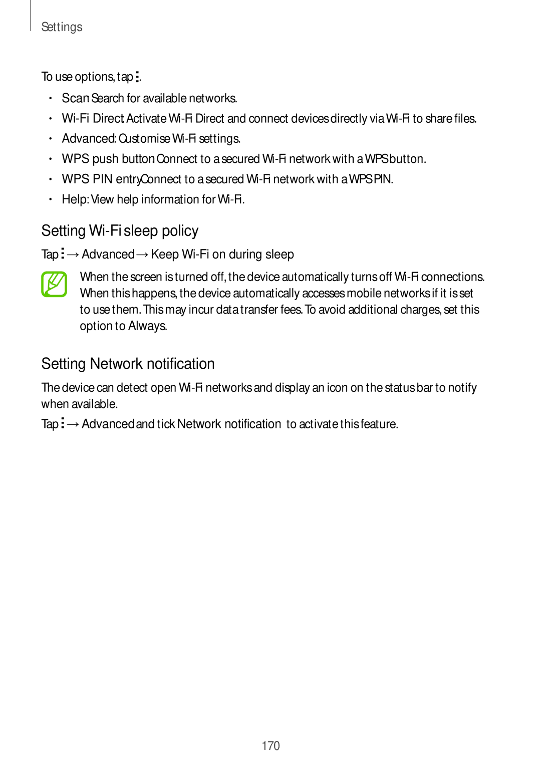 Samsung SM-G850F Setting Wi-Fi sleep policy, Setting Network notification, Tap →Advanced →Keep Wi-Fi on during sleep 