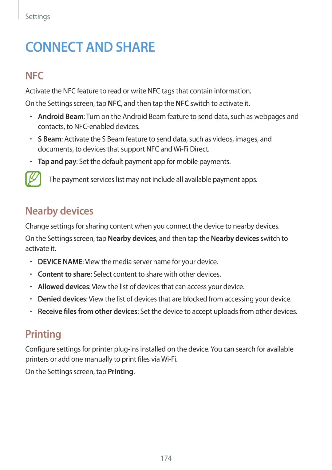 Samsung SM-G850F user manual Nearby devices, Printing 