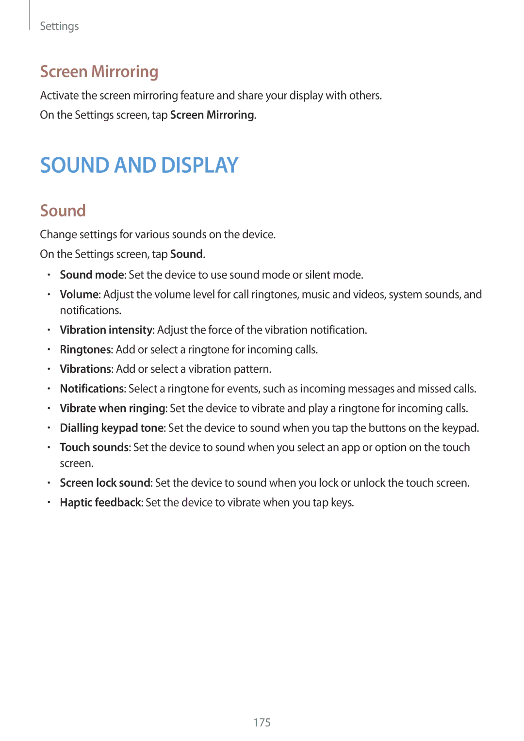 Samsung SM-G850F user manual Screen Mirroring, Sound, Haptic feedback Set the device to vibrate when you tap keys 