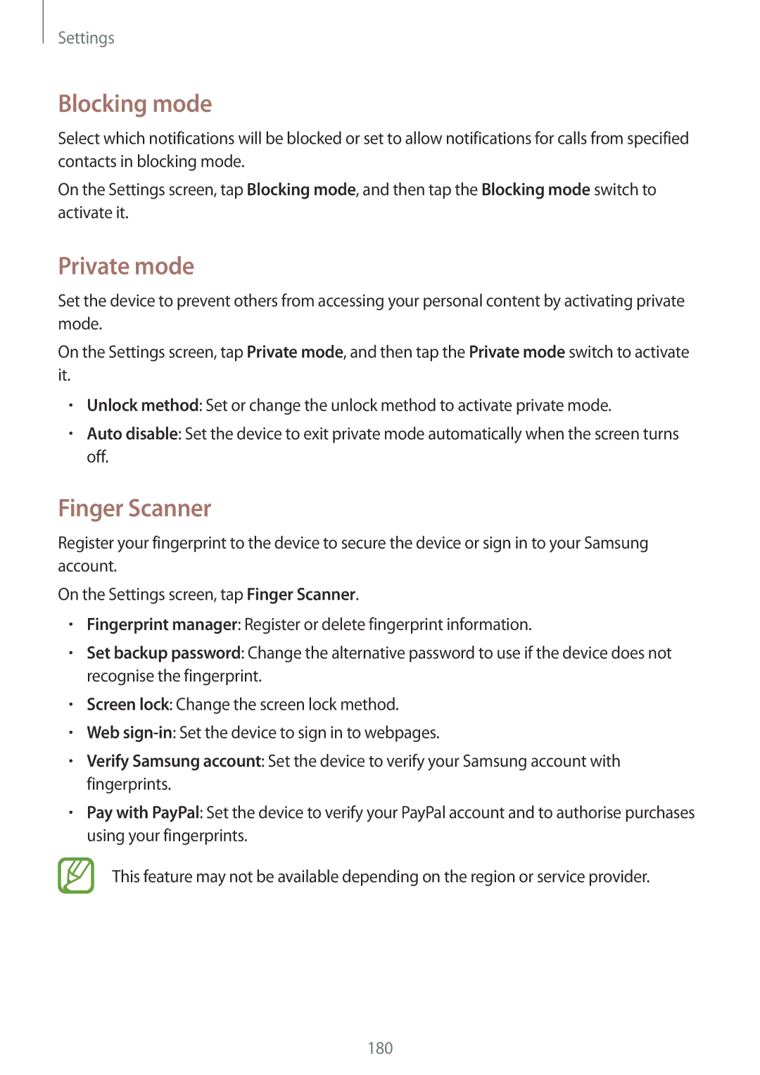 Samsung SM-G850F user manual Blocking mode, Private mode, Finger Scanner 