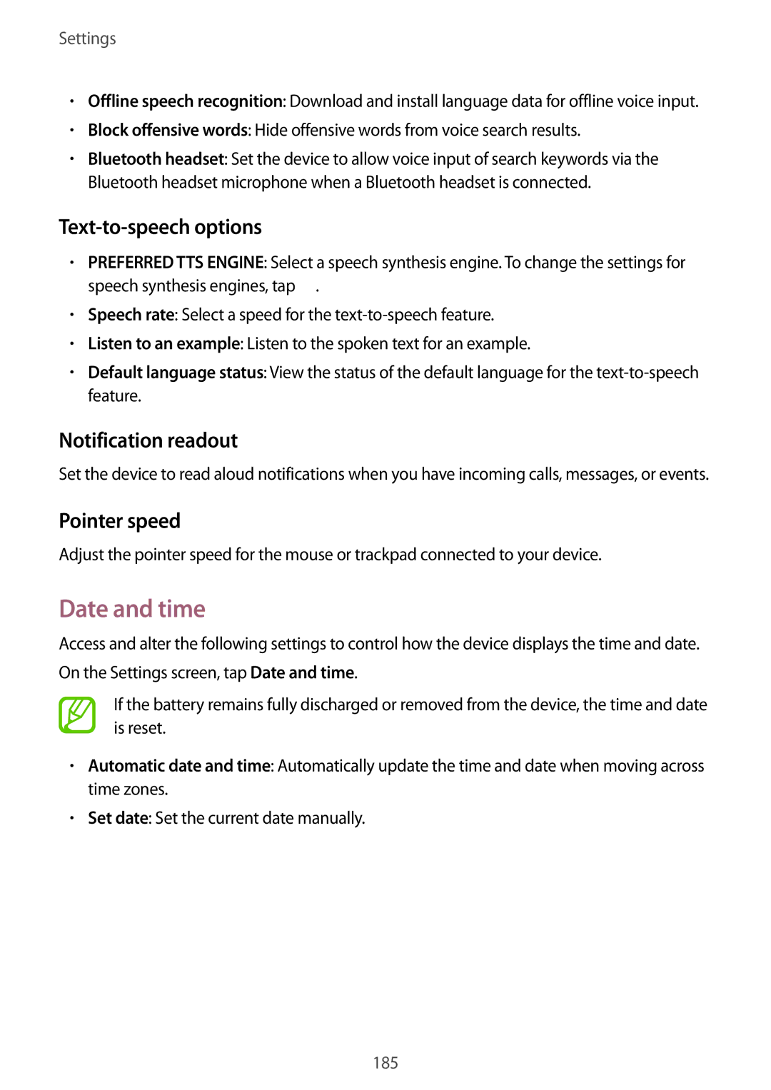 Samsung SM-G850F user manual Date and time, Text-to-speech options, Notification readout, Pointer speed 