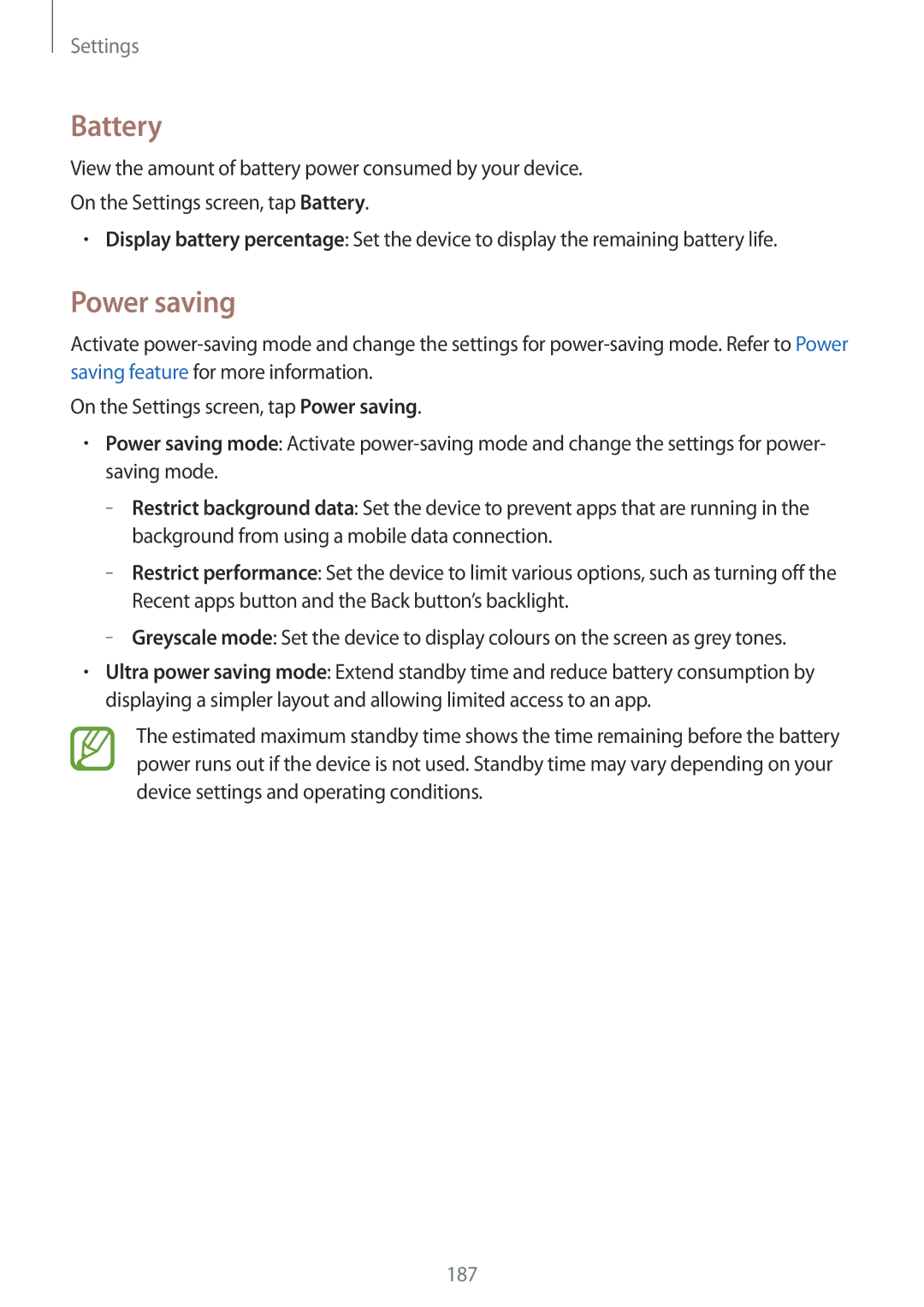 Samsung SM-G850F user manual Battery, Power saving 