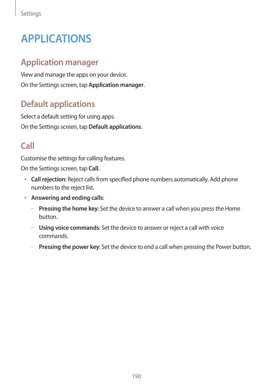 Samsung SM-G850F user manual Application manager, Default applications, Call, Answering and ending calls 