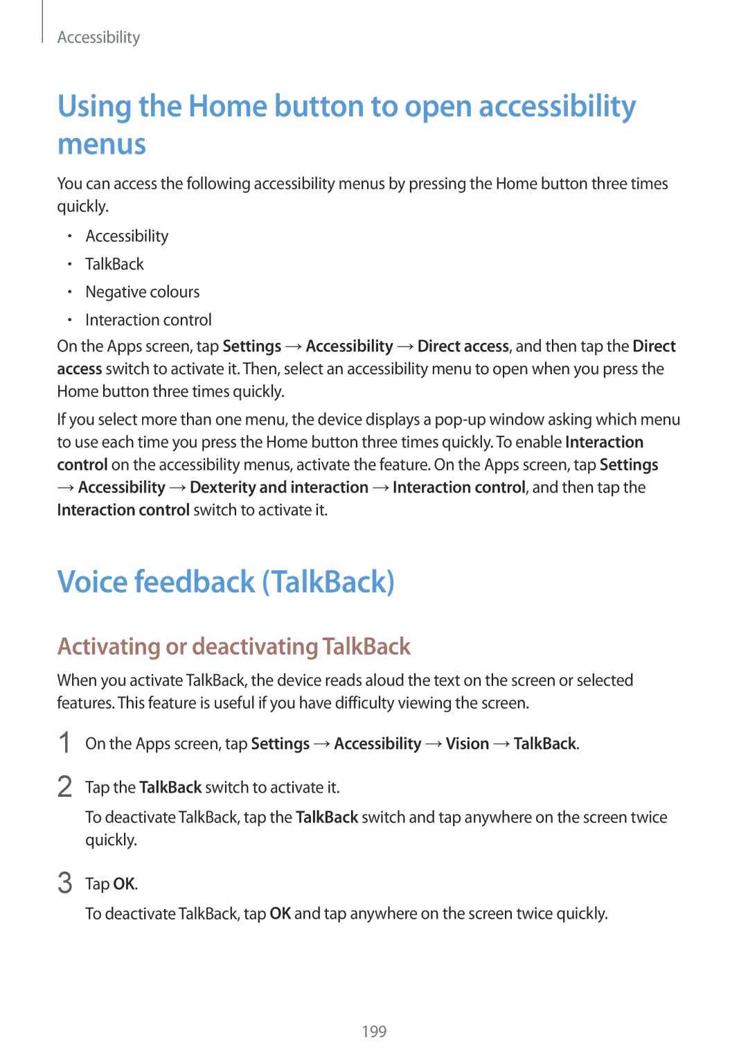 Samsung SM-G850F user manual Using the Home button to open accessibility menus, Voice feedback TalkBack 