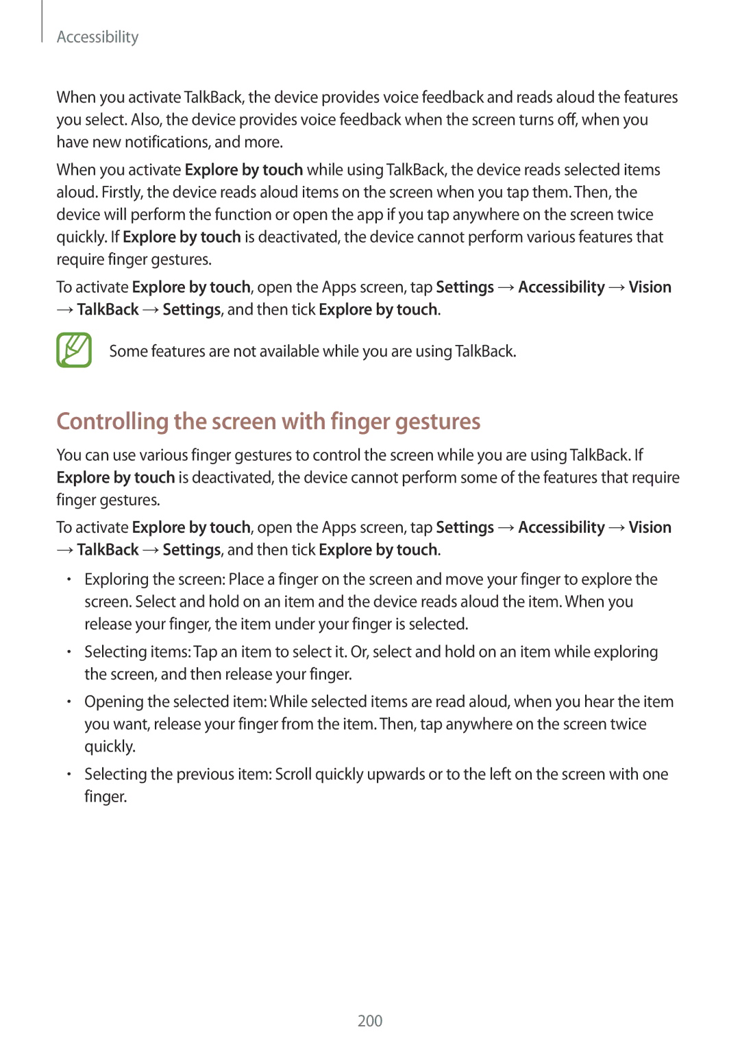 Samsung SM-G850F Controlling the screen with finger gestures, → TalkBack →Settings, and then tick Explore by touch 