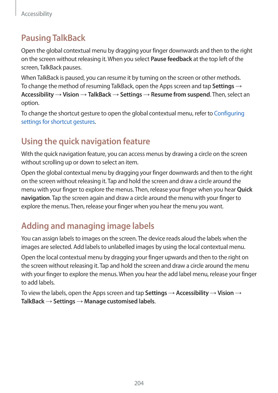 Samsung SM-G850F user manual Pausing TalkBack, Using the quick navigation feature, Adding and managing image labels 