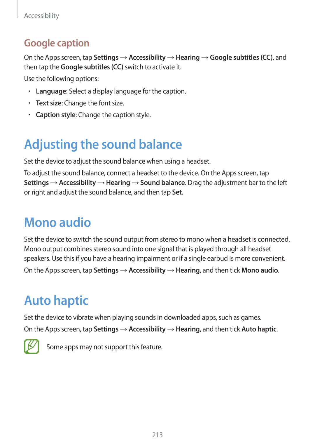 Samsung SM-G850F user manual Adjusting the sound balance, Mono audio, Auto haptic, Google caption 