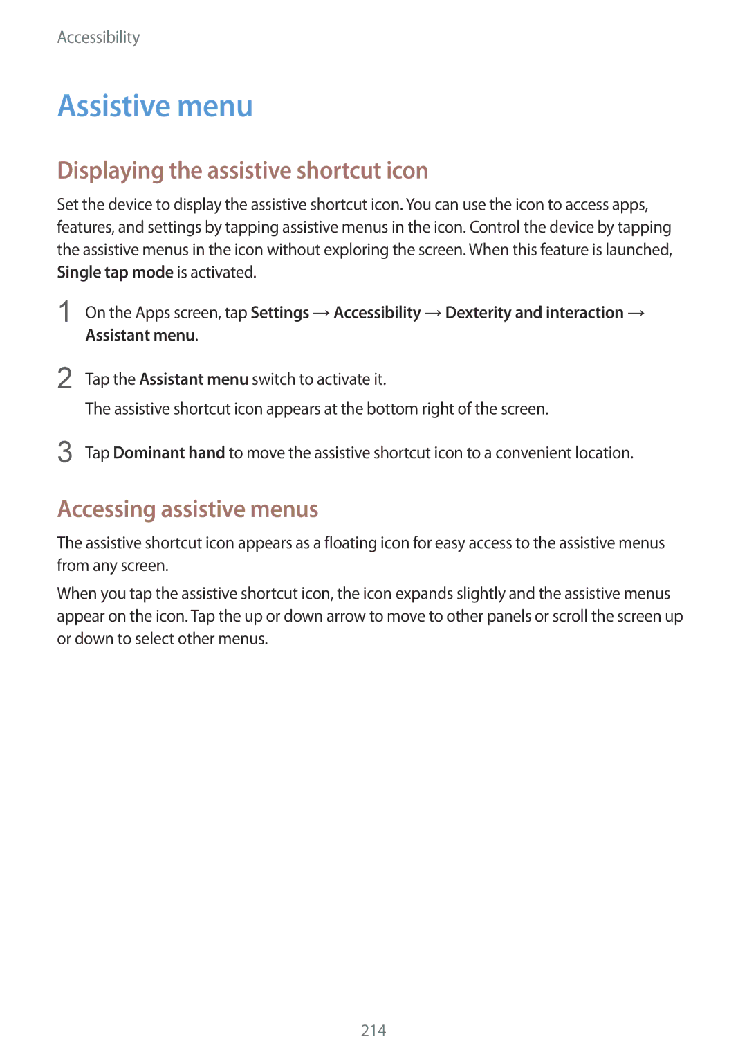 Samsung SM-G850F user manual Assistive menu, Displaying the assistive shortcut icon, Accessing assistive menus 