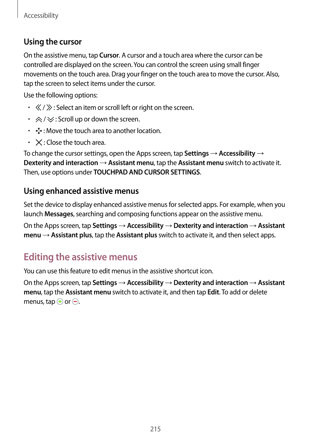 Samsung SM-G850F user manual Editing the assistive menus, Using the cursor, Using enhanced assistive menus 