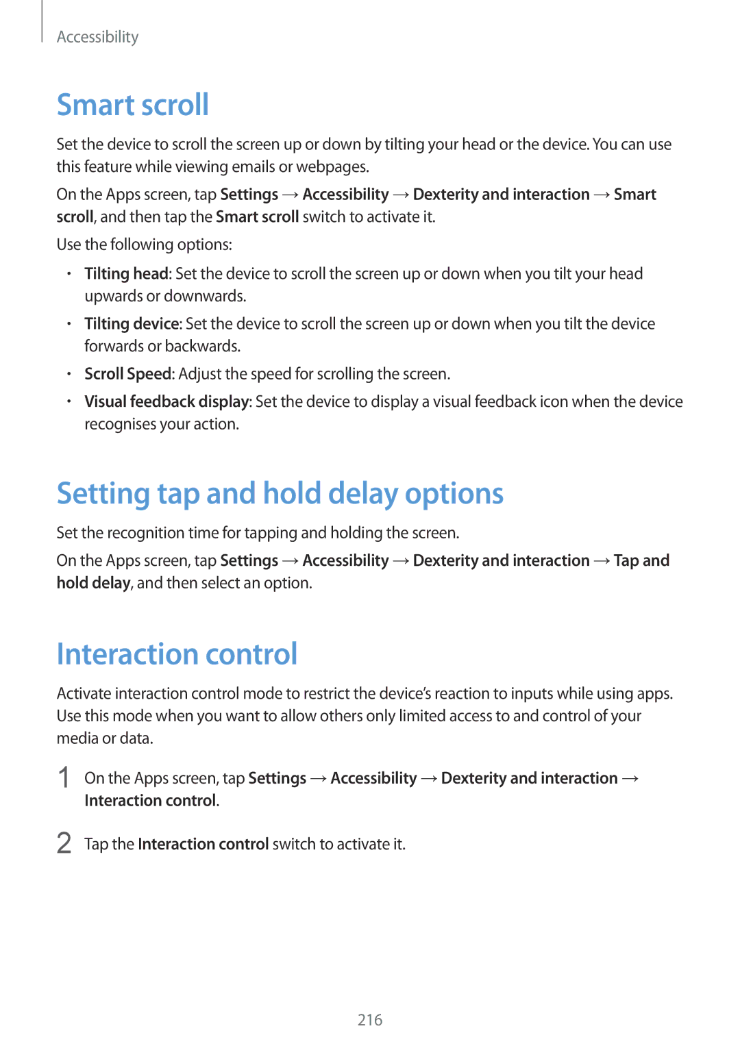 Samsung SM-G850F user manual Smart scroll, Setting tap and hold delay options, Interaction control 