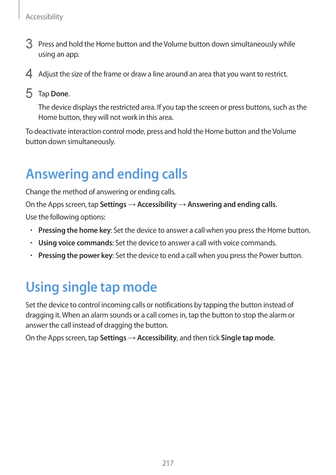 Samsung SM-G850F Answering and ending calls, Using single tap mode, Change the method of answering or ending calls 