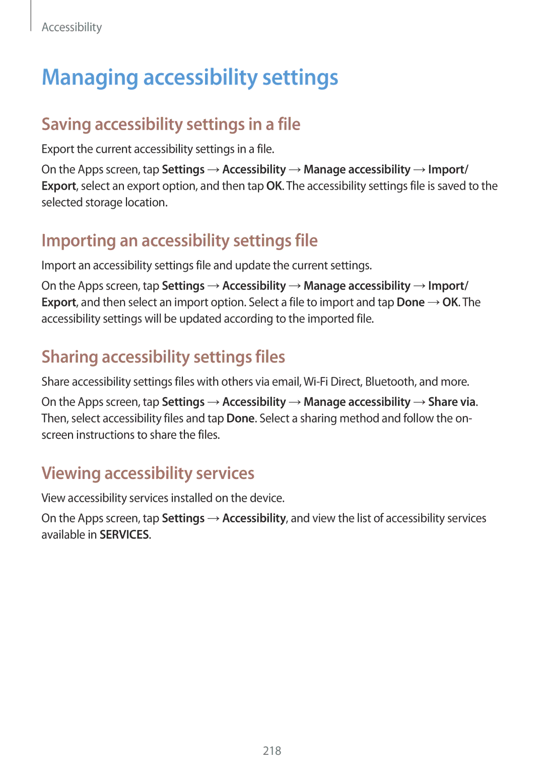 Samsung SM-G850F Managing accessibility settings, Saving accessibility settings in a file, Viewing accessibility services 