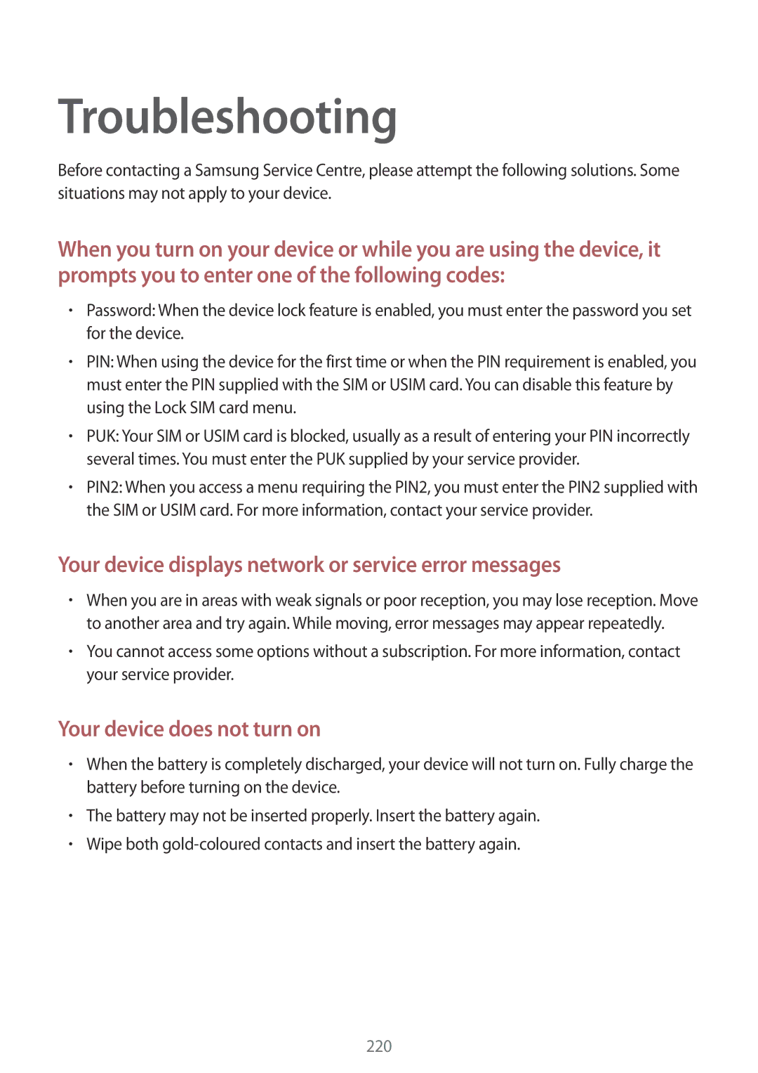 Samsung SM-G850F user manual Troubleshooting, Your device displays network or service error messages 