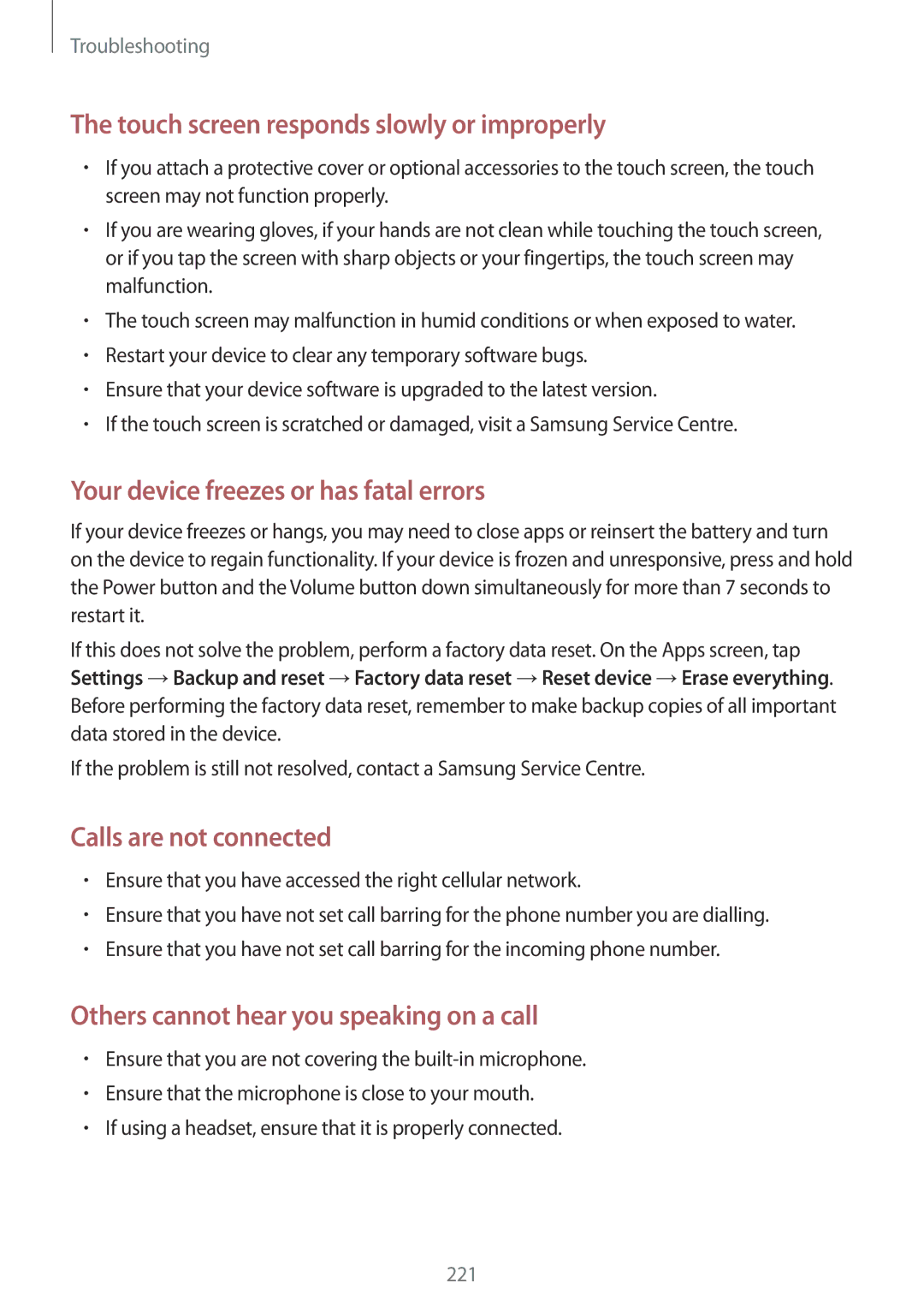 Samsung SM-G850F user manual Touch screen responds slowly or improperly 