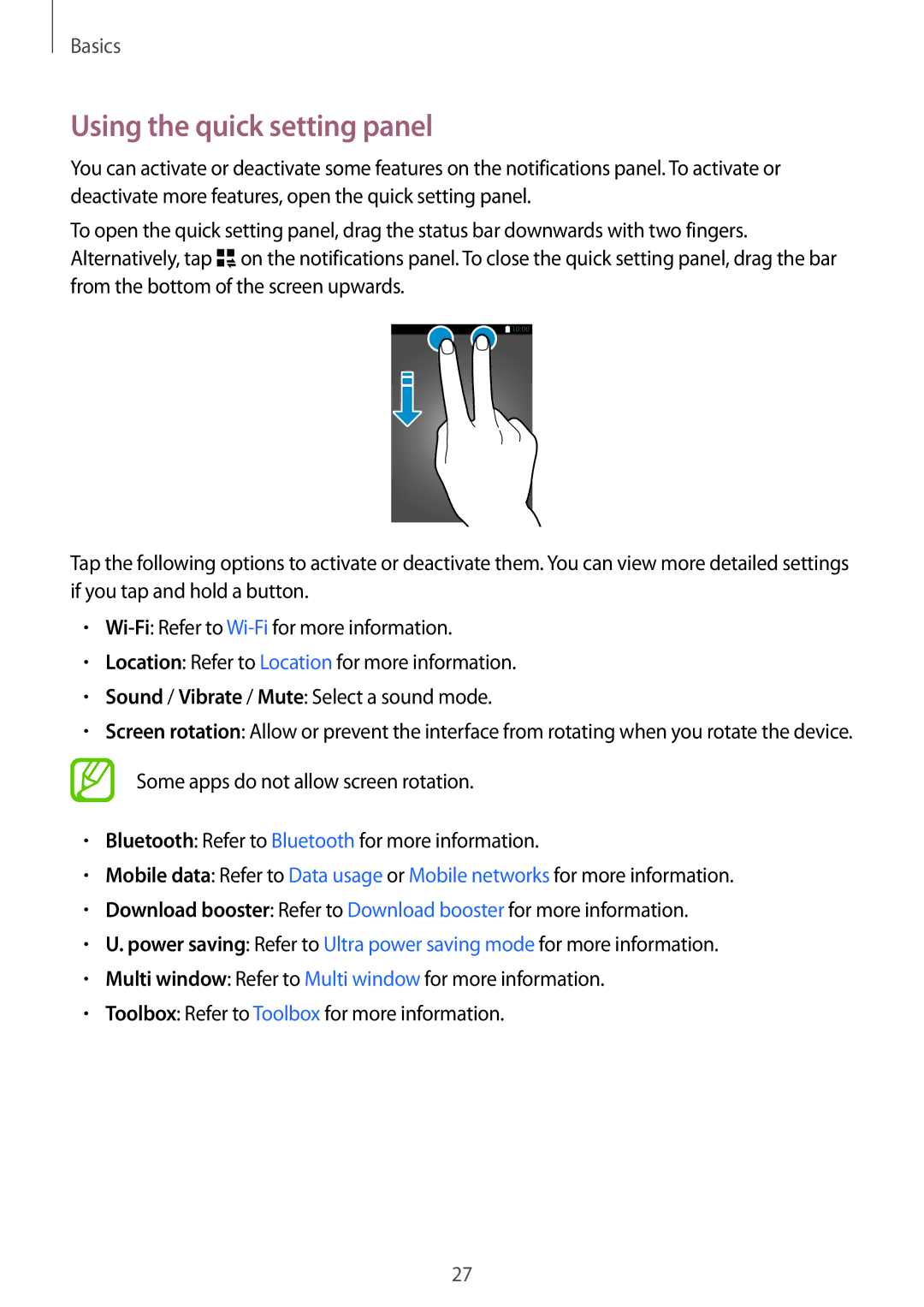 Samsung SM-G850F user manual Using the quick setting panel 