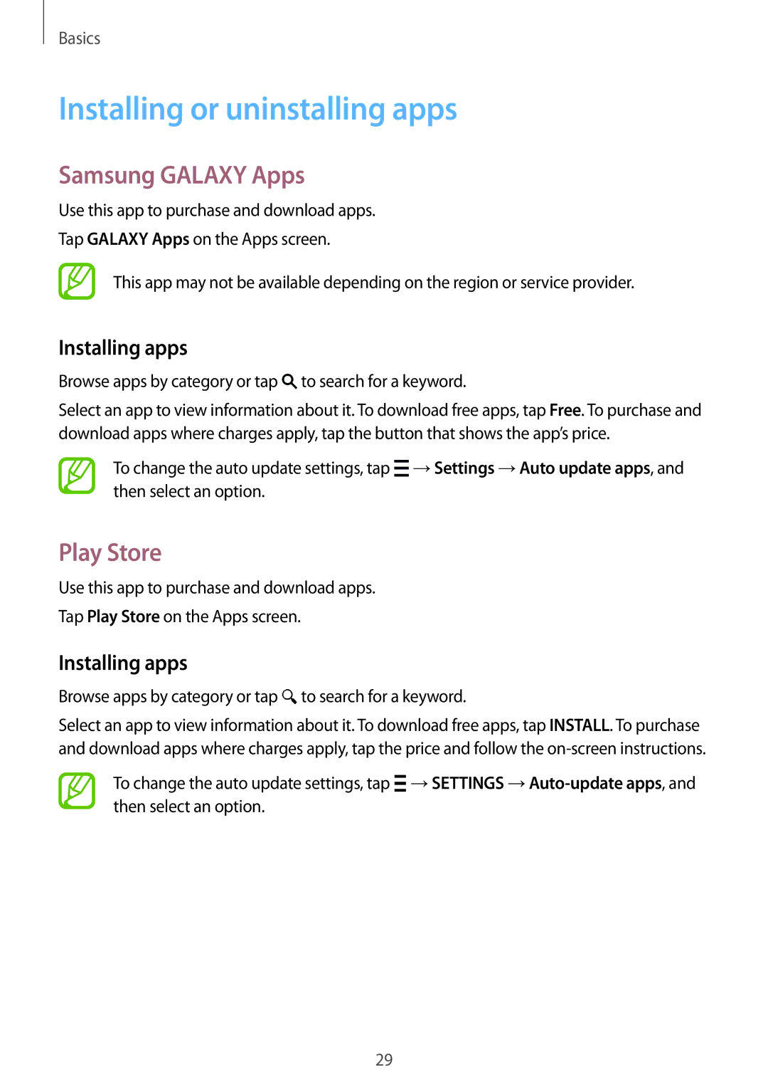 Samsung SM-G850F user manual Installing or uninstalling apps, Samsung Galaxy Apps, Play Store, Installing apps 