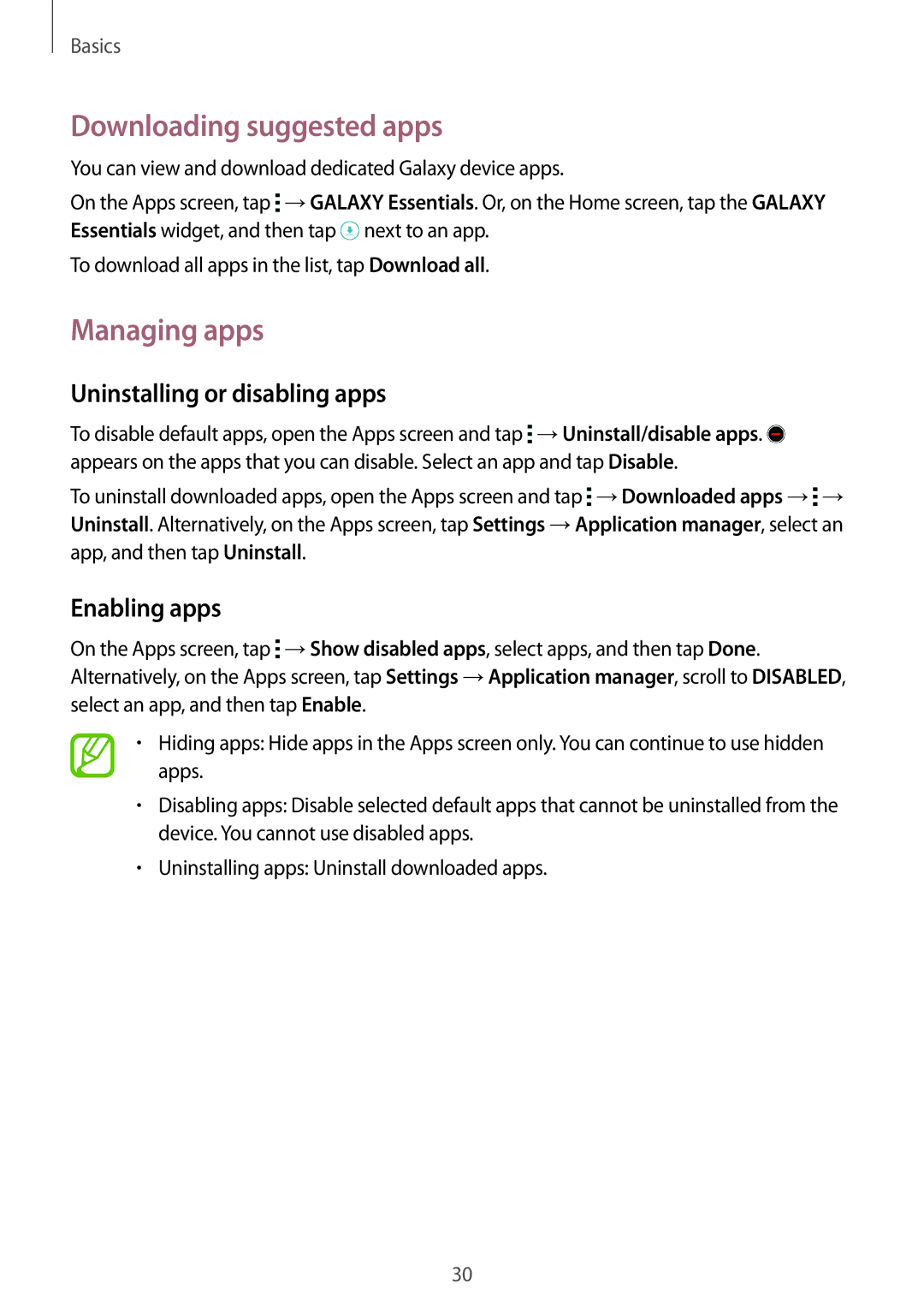 Samsung SM-G850F user manual Downloading suggested apps, Managing apps, Uninstalling or disabling apps, Enabling apps 