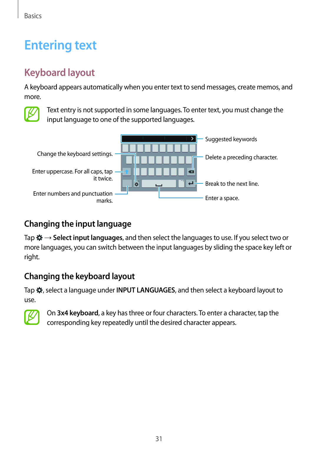 Samsung SM-G850F user manual Entering text, Keyboard layout, Changing the input language, Changing the keyboard layout 