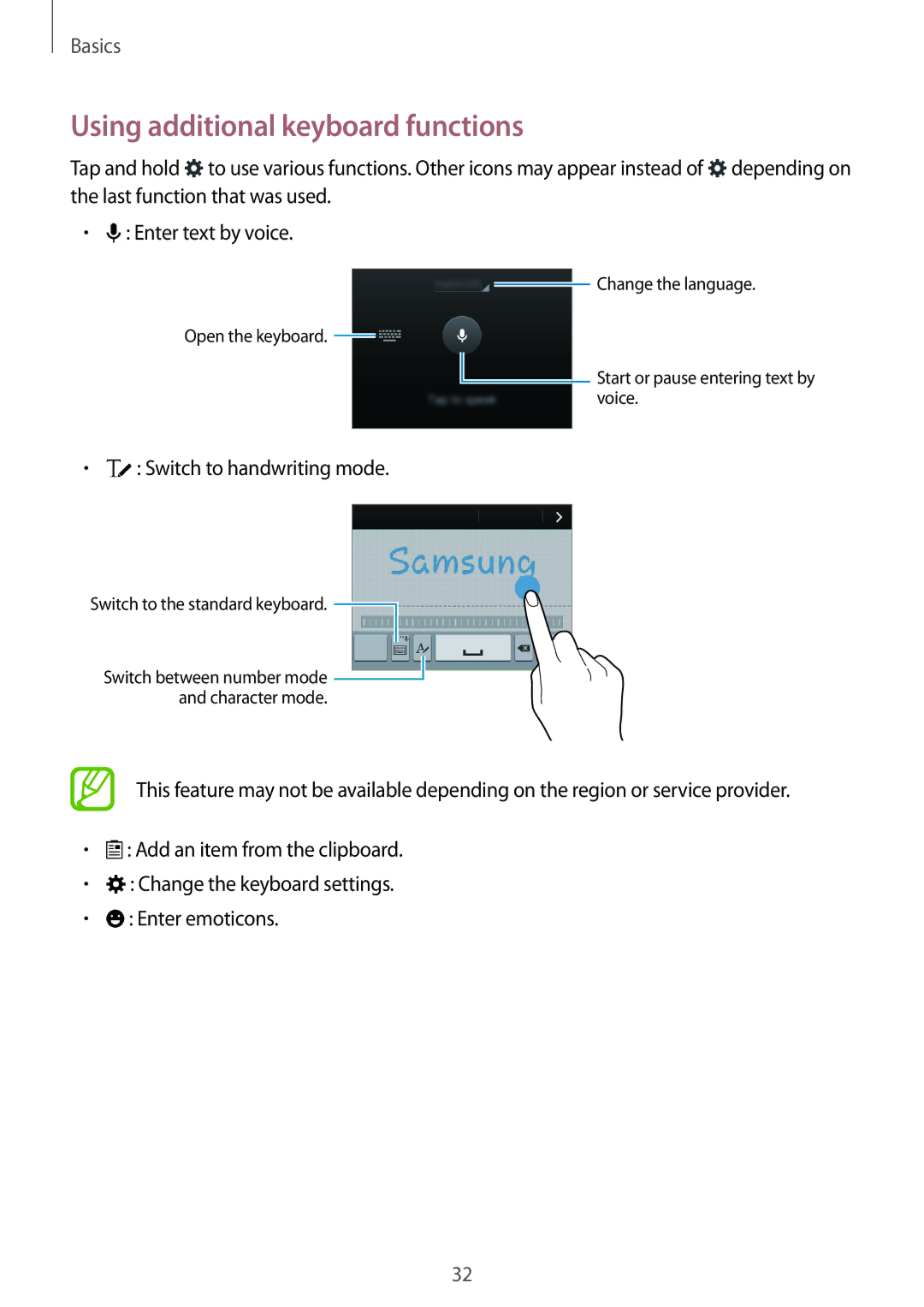 Samsung SM-G850F user manual Using additional keyboard functions, Switch to handwriting mode 