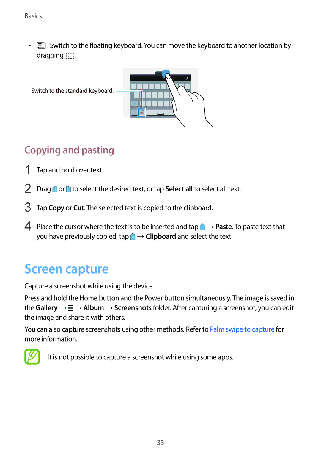 Samsung SM-G850F user manual Screen capture, Copying and pasting 