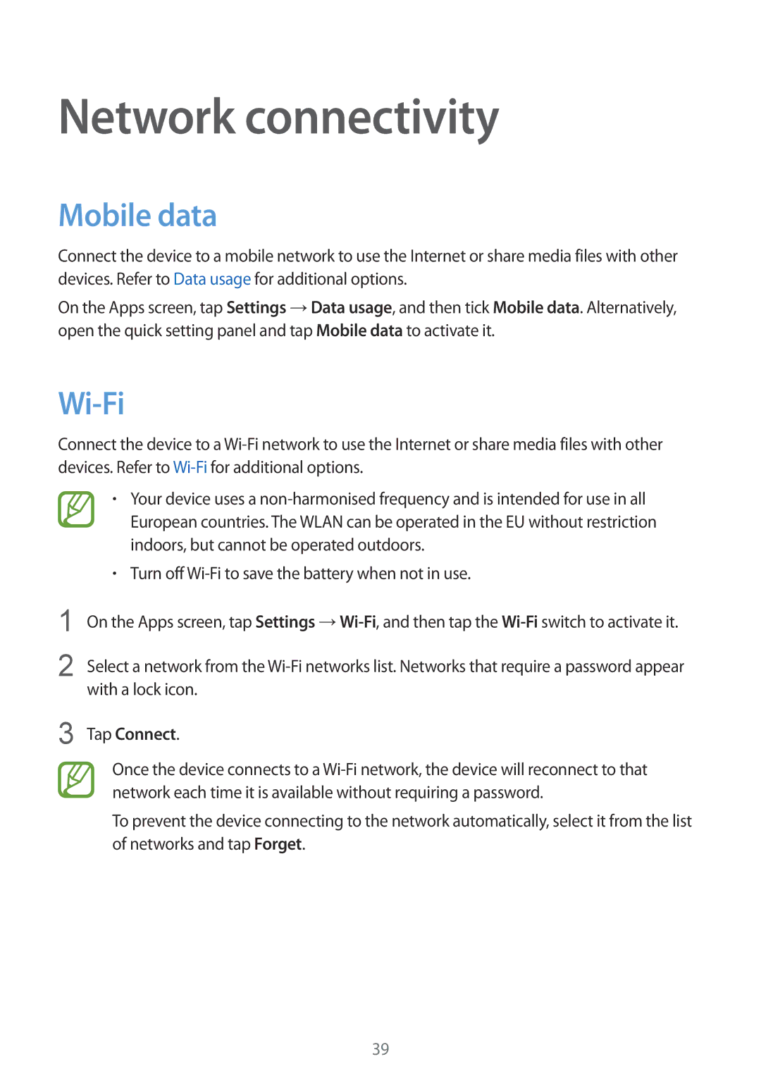 Samsung SM-G850F user manual Network connectivity, Mobile data, Wi-Fi, Tap Connect 