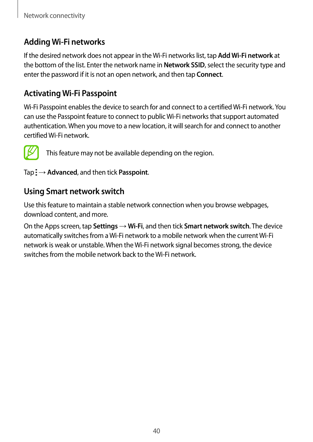 Samsung SM-G850F user manual Adding Wi-Fi networks, Activating Wi-Fi Passpoint, Using Smart network switch 