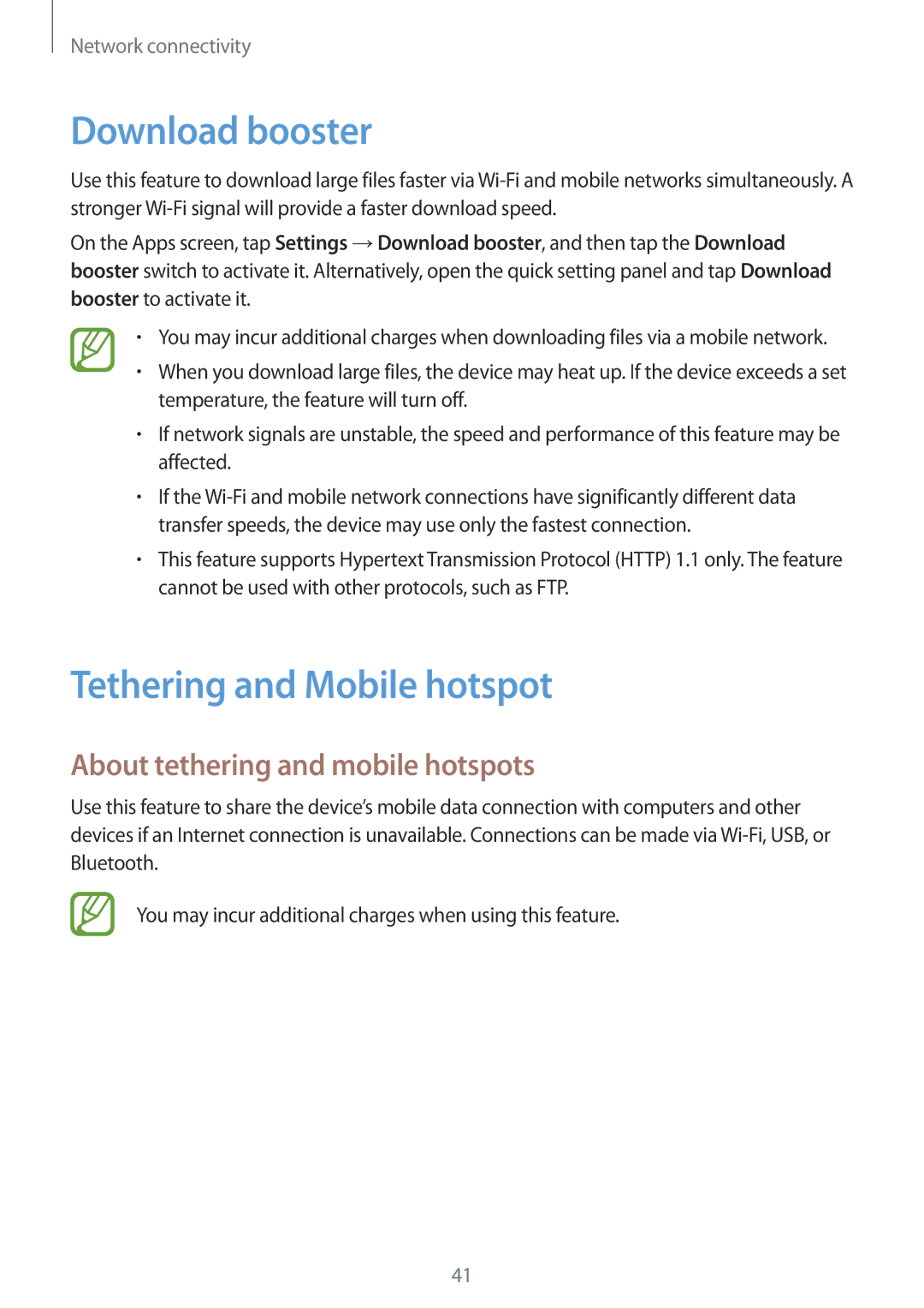 Samsung SM-G850F user manual Download booster, Tethering and Mobile hotspot, About tethering and mobile hotspots 