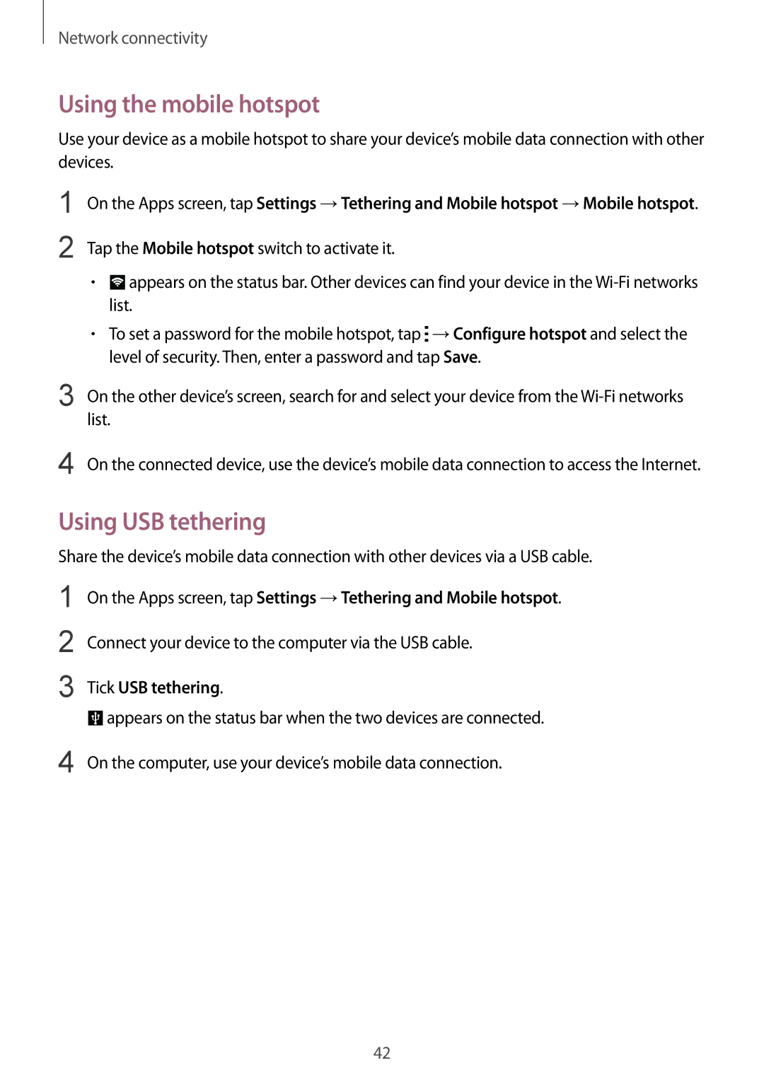 Samsung SM-G850F Using the mobile hotspot, Using USB tethering, Connect your device to the computer via the USB cable 