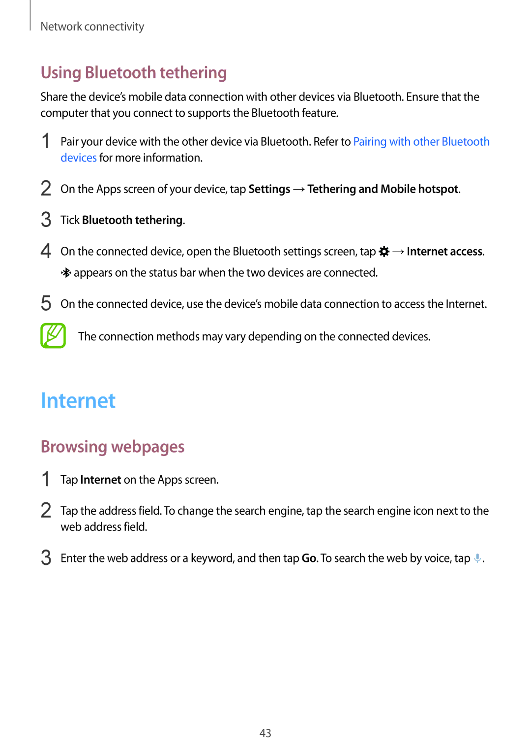 Samsung SM-G850F user manual Internet, Using Bluetooth tethering, Browsing webpages, Tick Bluetooth tethering 