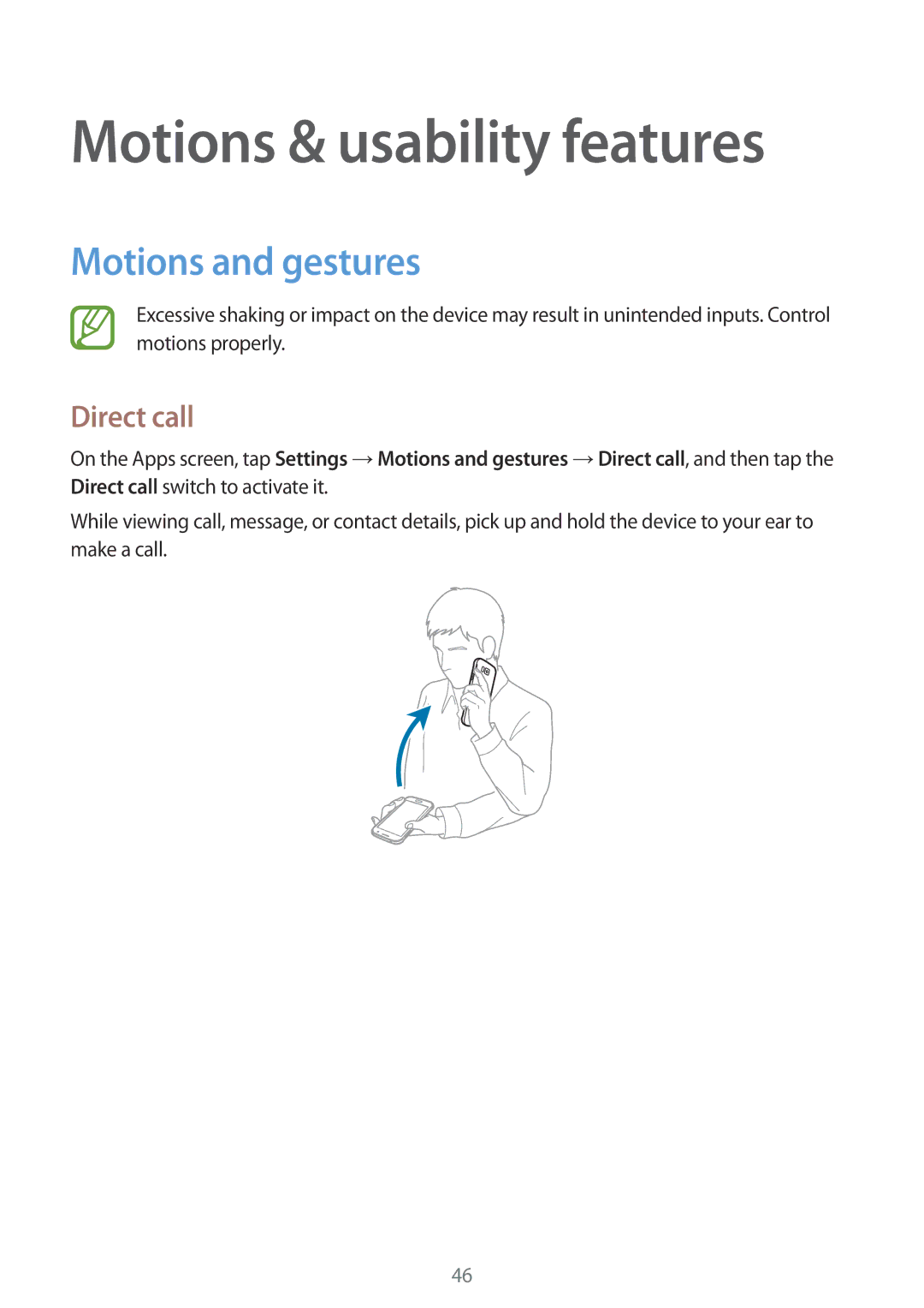 Samsung SM-G850F user manual Motions & usability features, Motions and gestures, Direct call 