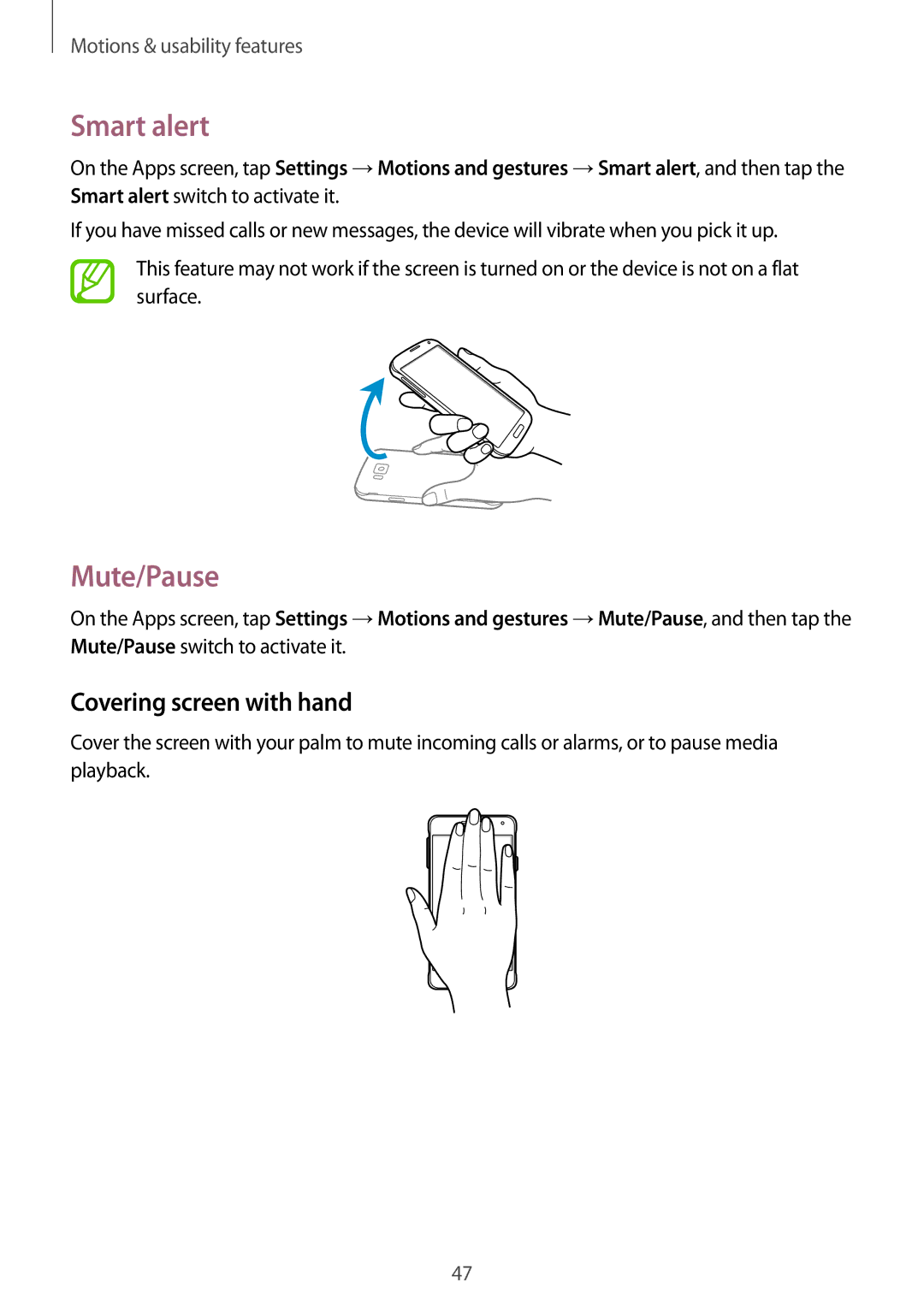 Samsung SM-G850F user manual Smart alert, Mute/Pause, Covering screen with hand 