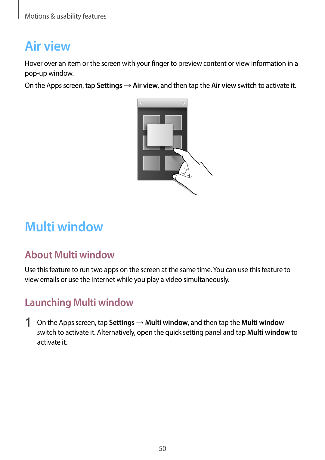 Samsung SM-G850F user manual Air view, About Multi window, Launching Multi window 