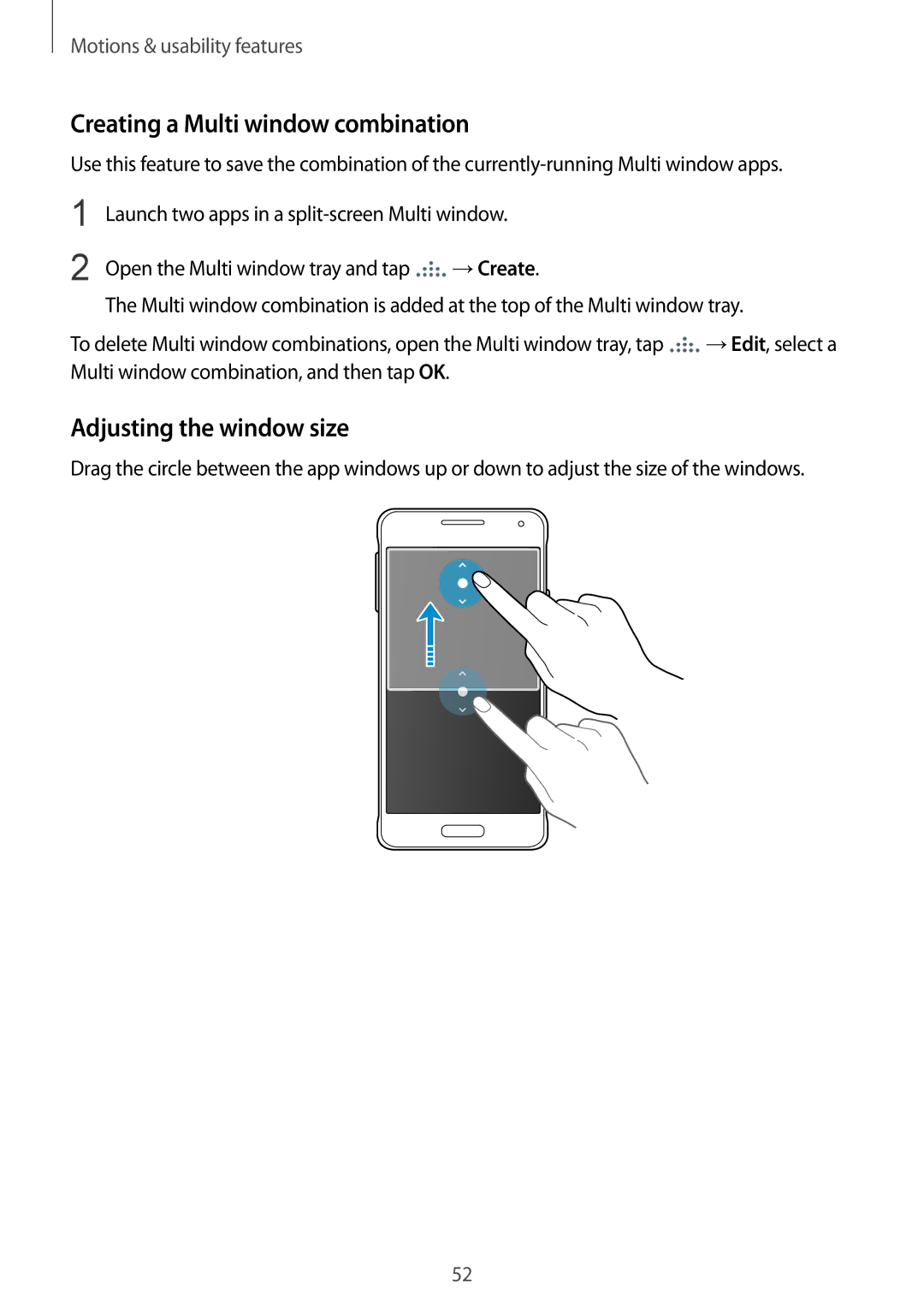 Samsung SM-G850F user manual Creating a Multi window combination 