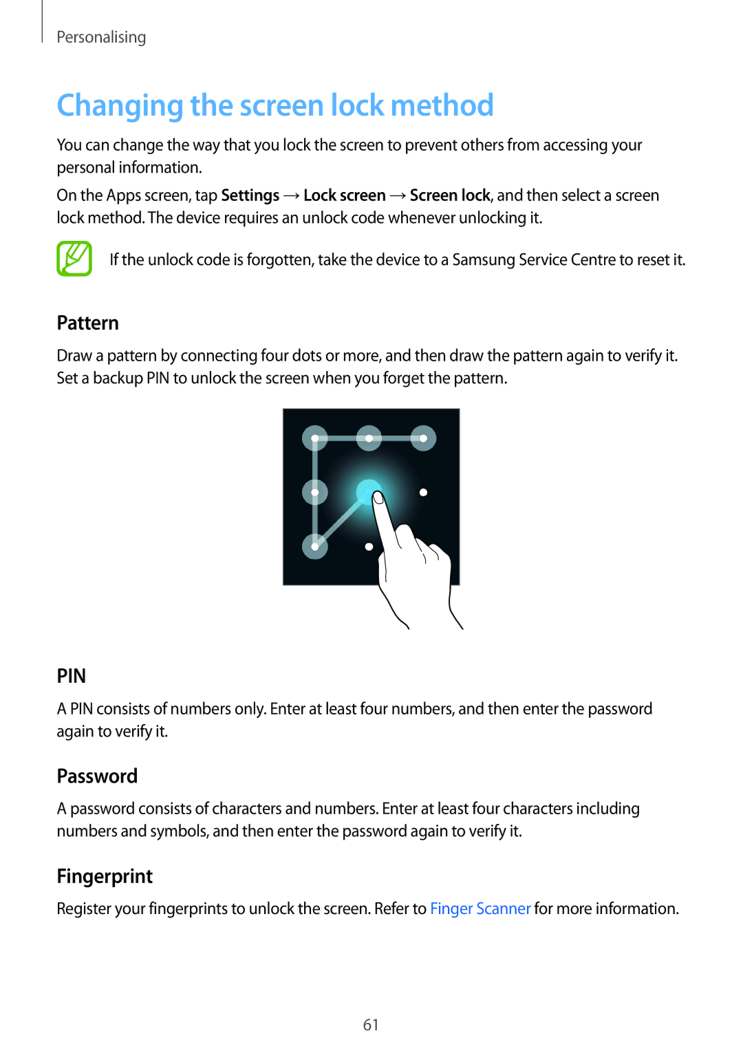 Samsung SM-G850F user manual Changing the screen lock method, Pattern, Password, Fingerprint 