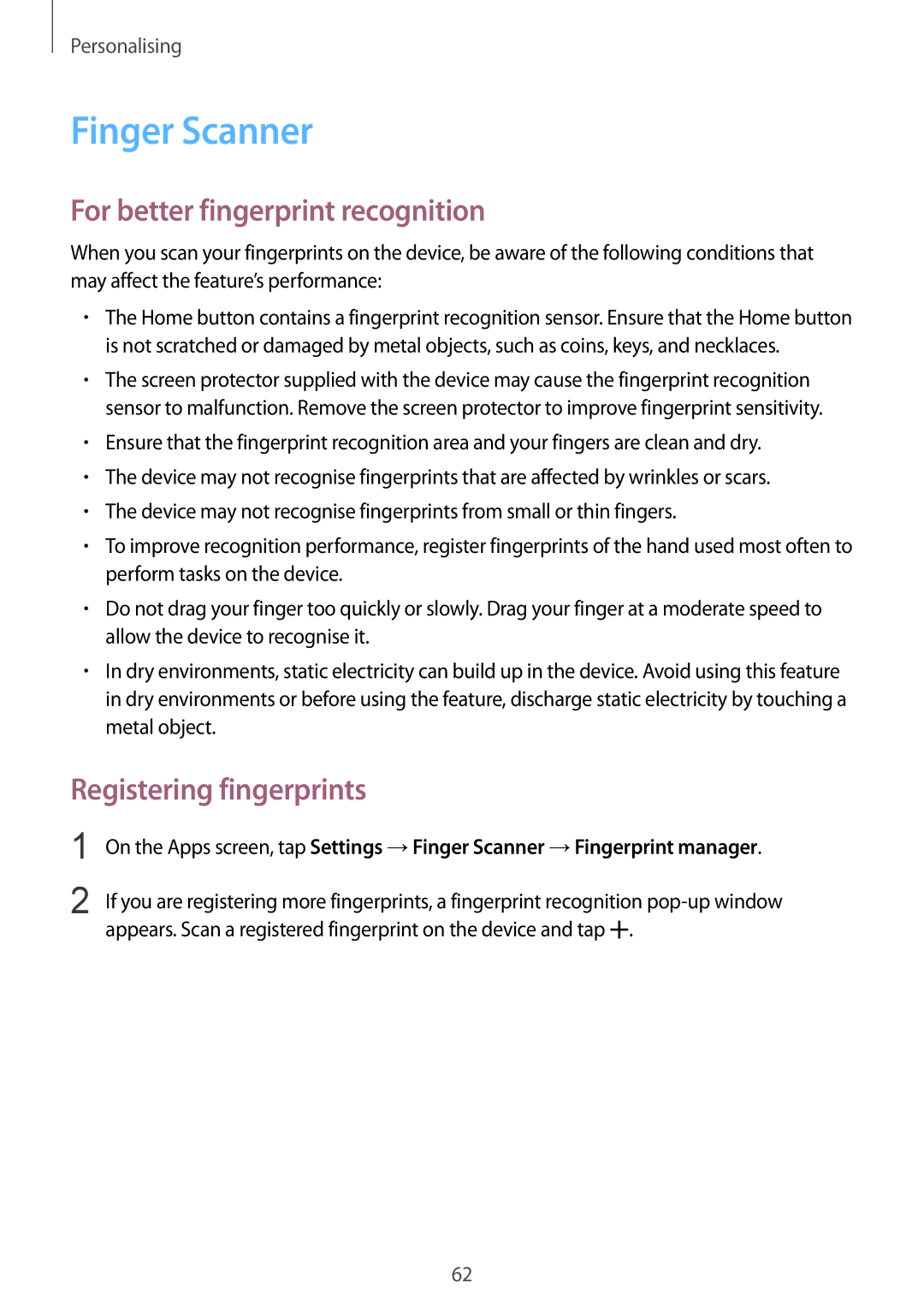 Samsung SM-G850F user manual Finger Scanner, For better fingerprint recognition, Registering fingerprints 