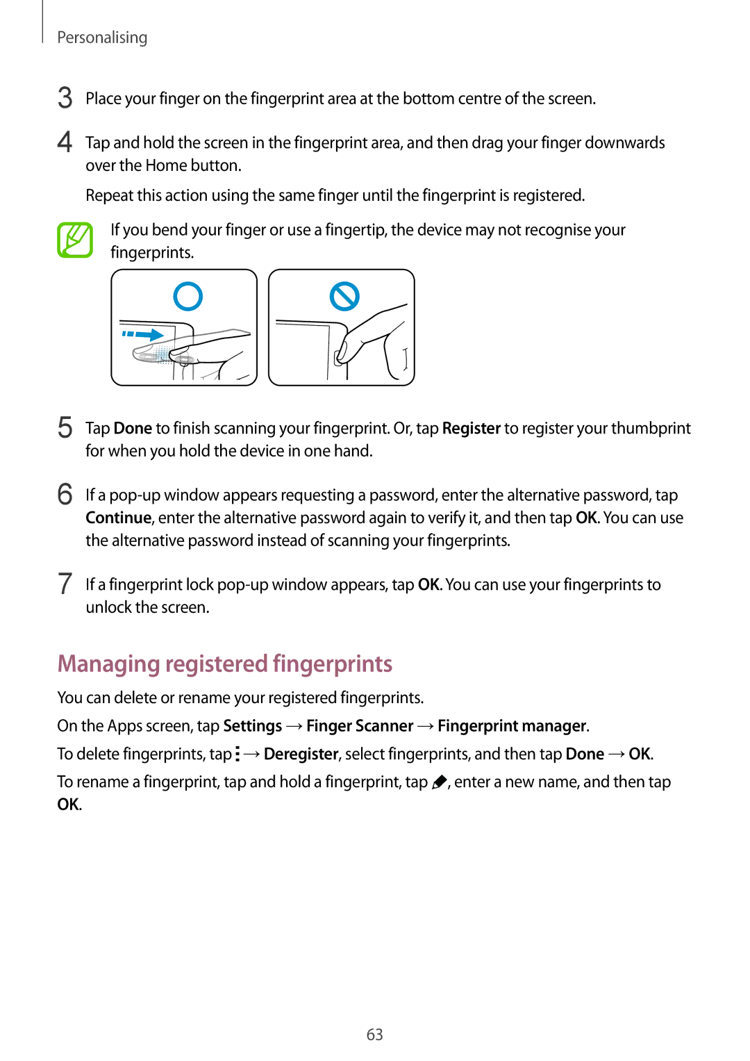 Samsung SM-G850F user manual Managing registered fingerprints, Alternative password instead of scanning your fingerprints 